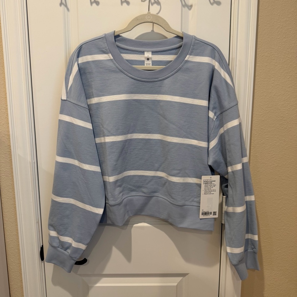 Lululemon Perfectly Oversized Cropped Crew Boundless Stripe Blue Linen White